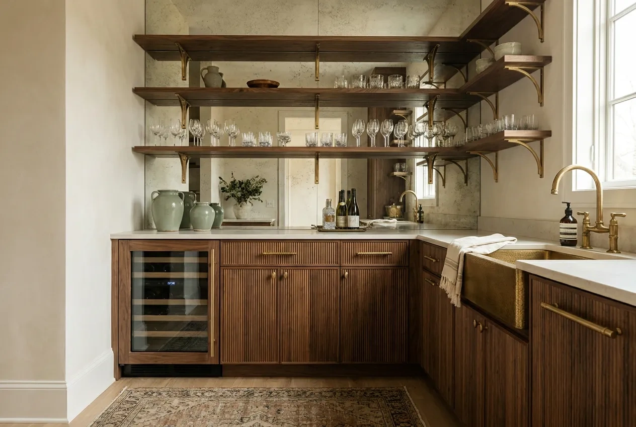 Butler’s pantry bar with fluted walnut doors, a wine refrigerator and an antiqued mirror backsplash