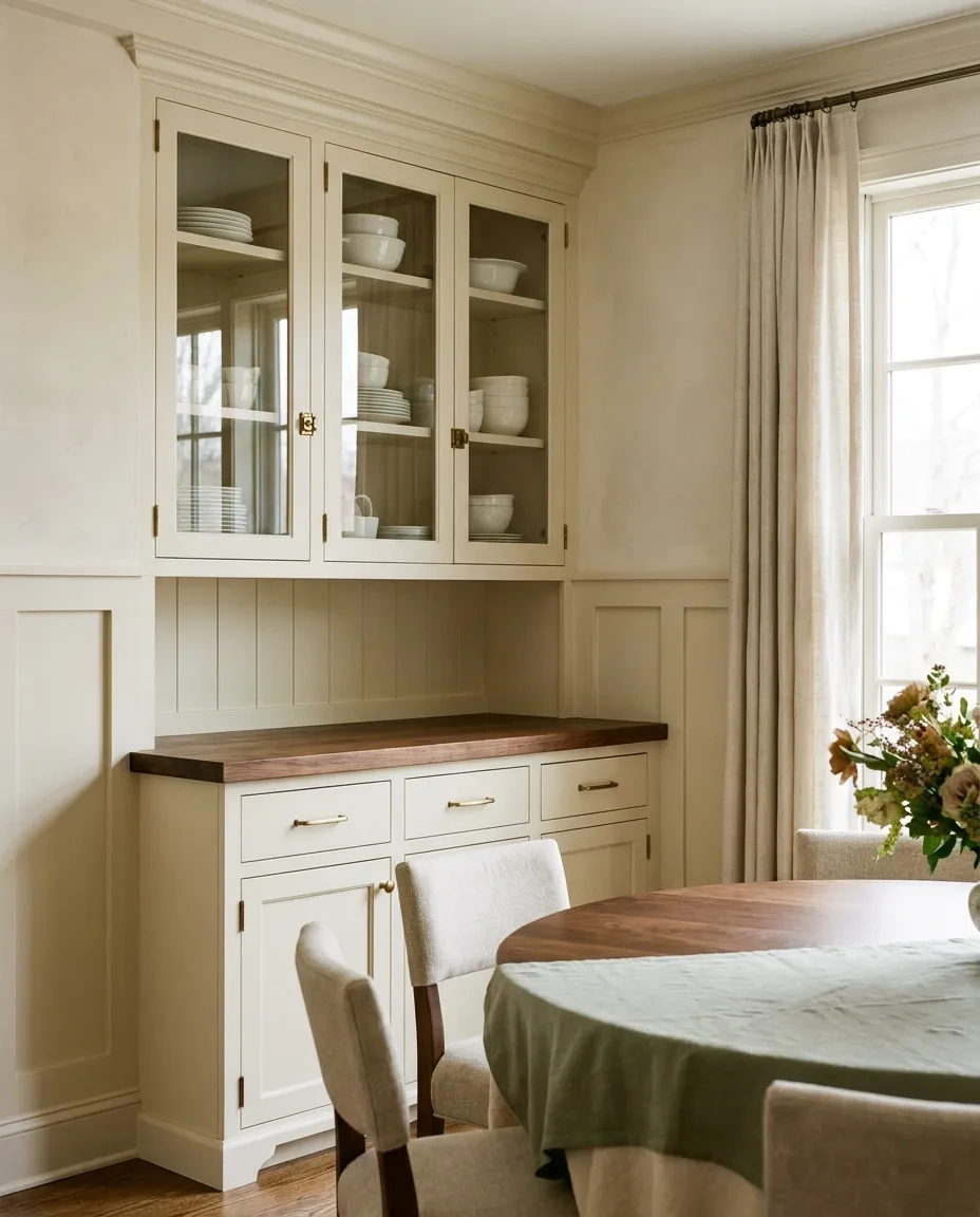 Built-in dining hutch painted cream with glass doors and brass latches