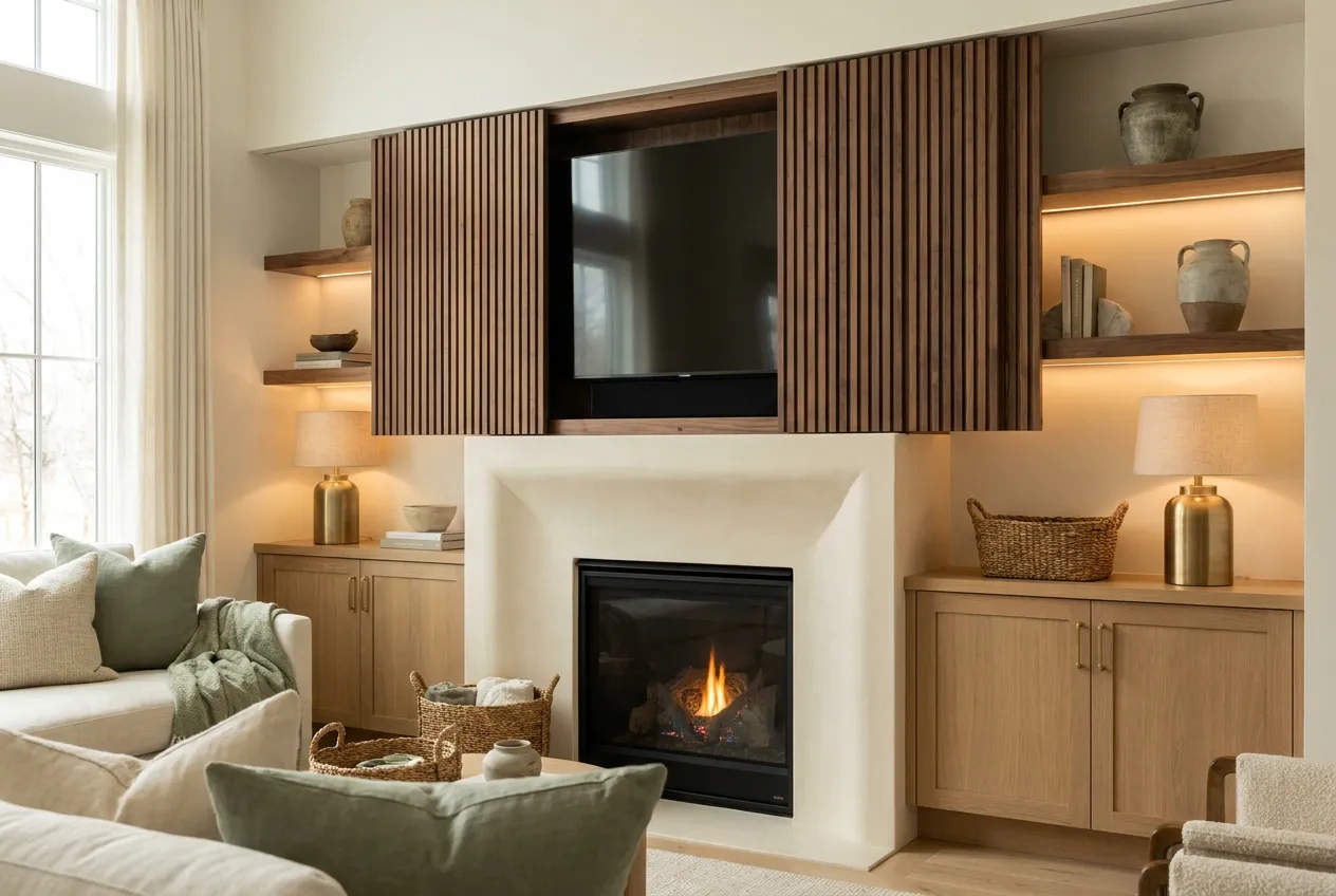 Media wall with a plaster fireplace surround and floating walnut shelves