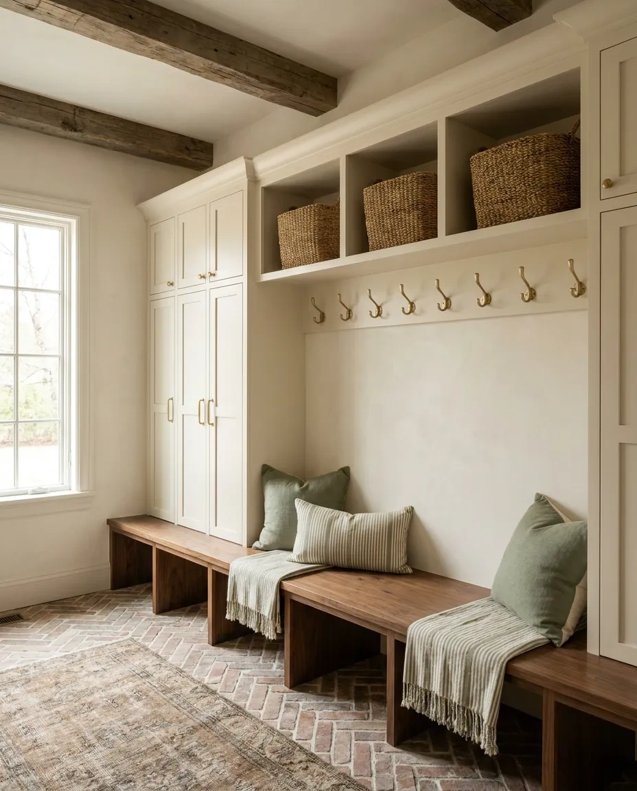Mudroom with cream painted lockers, a walnut bench and brass hooks