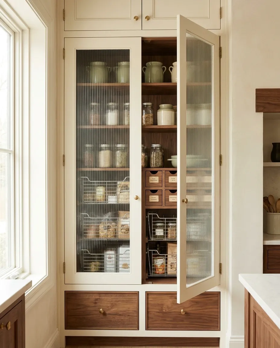 Tall pantry cabinet with reeded glass doors and pull-out baskets