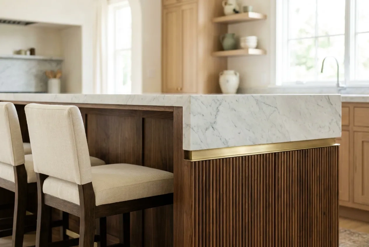 Walnut kitchen island with a fluted end panel and a brass toe rail