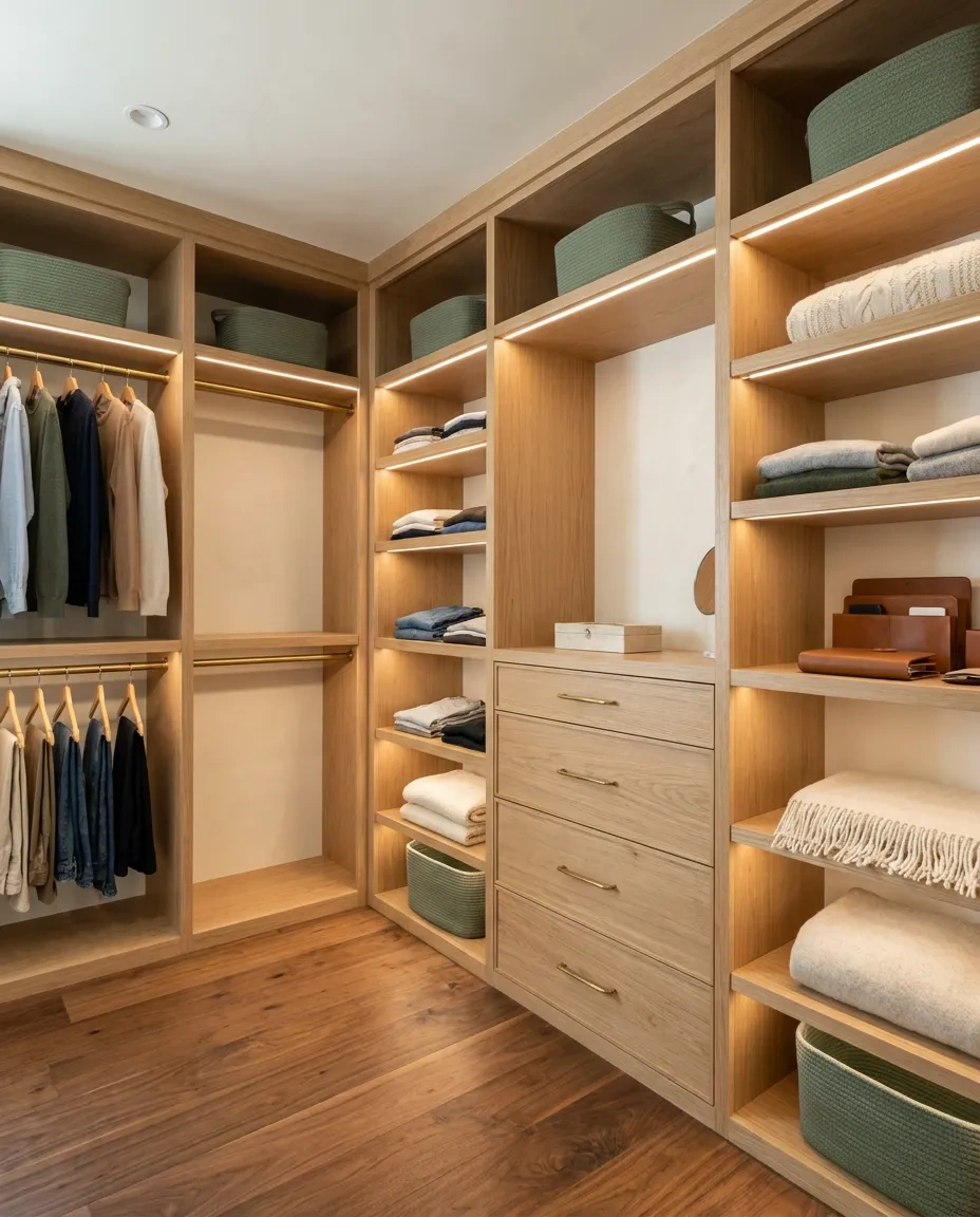 Reach-in closet fitted with white oak shelving, brass rods and lit shelves