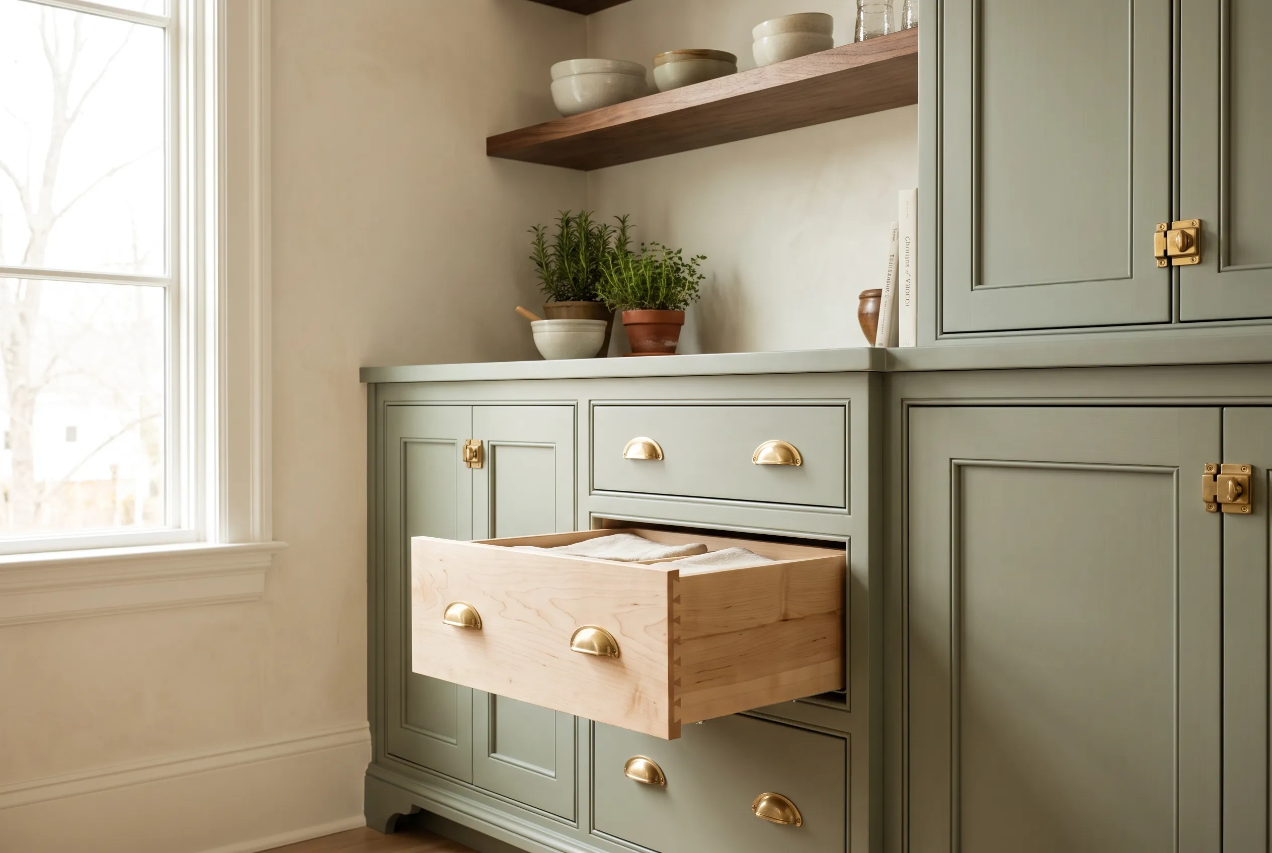 Sage green inset custom cabinets with brass cup pulls and a walnut open shelf