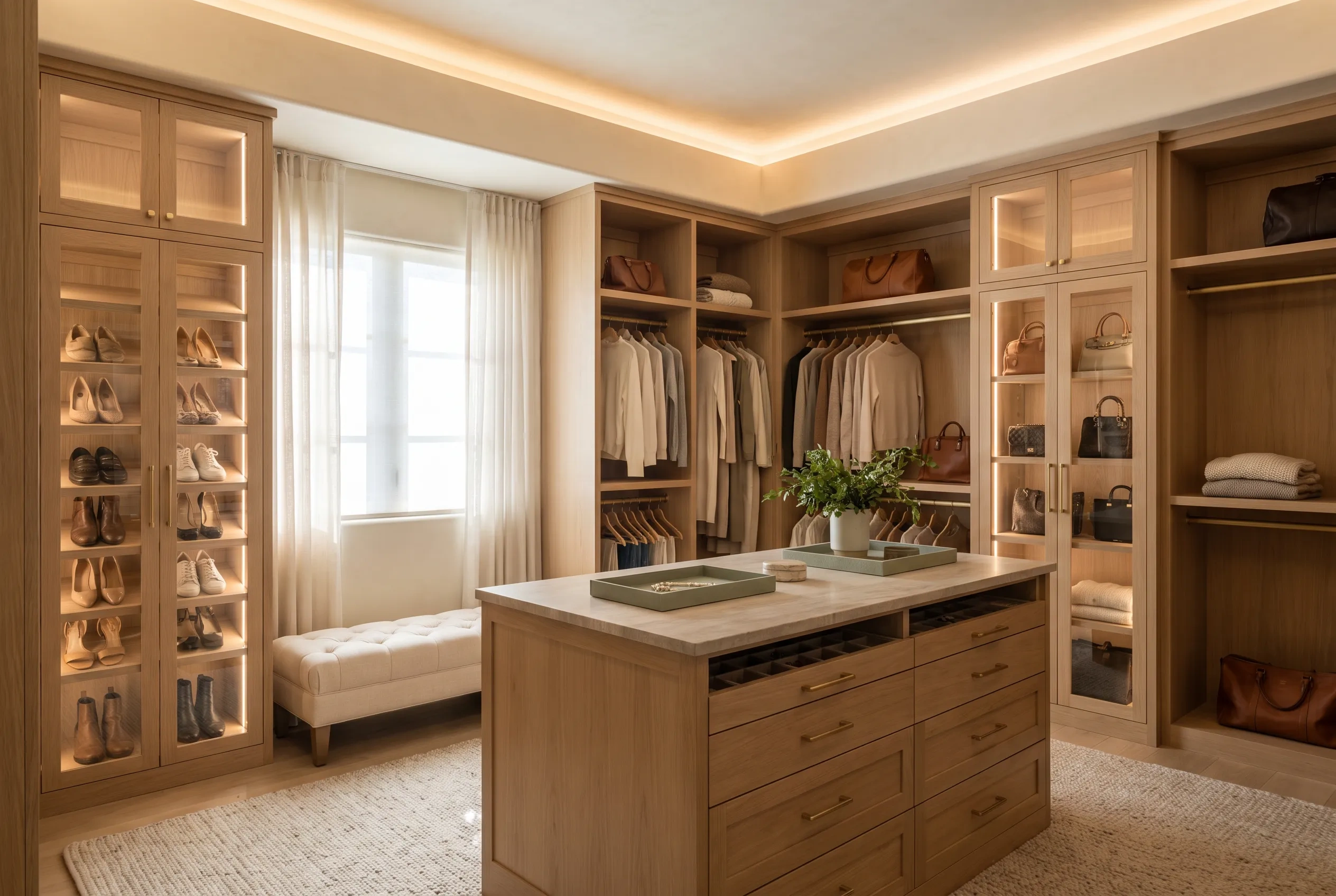 Walk-in closet with white oak built-ins, a center island and lit hanging sections