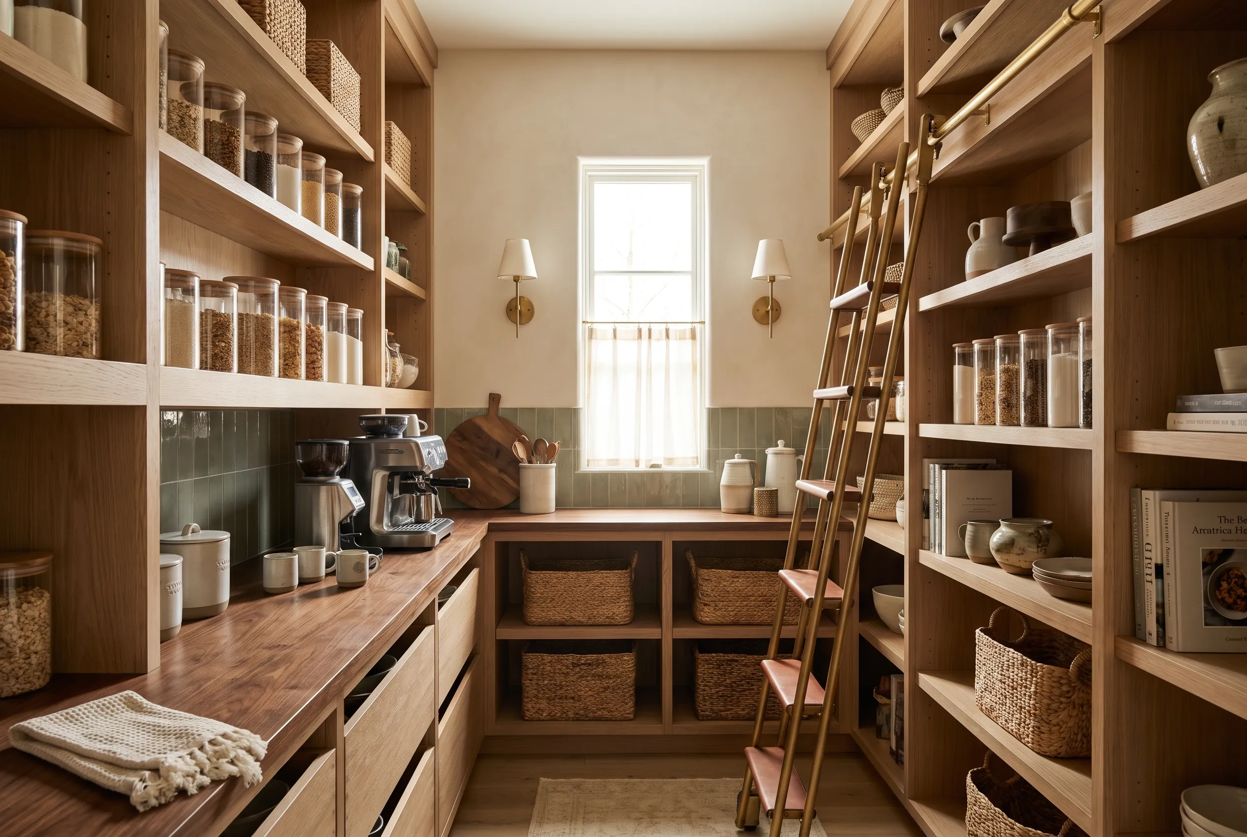 Walk-in pantry with white oak shelving, a walnut coffee counter and a brass library ladder