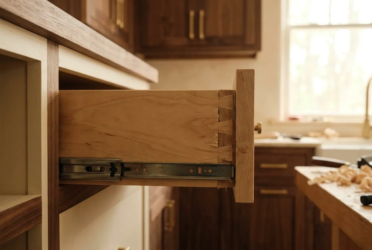 Hand-cut dovetail joint on a solid maple drawer box with undermount soft-close slides