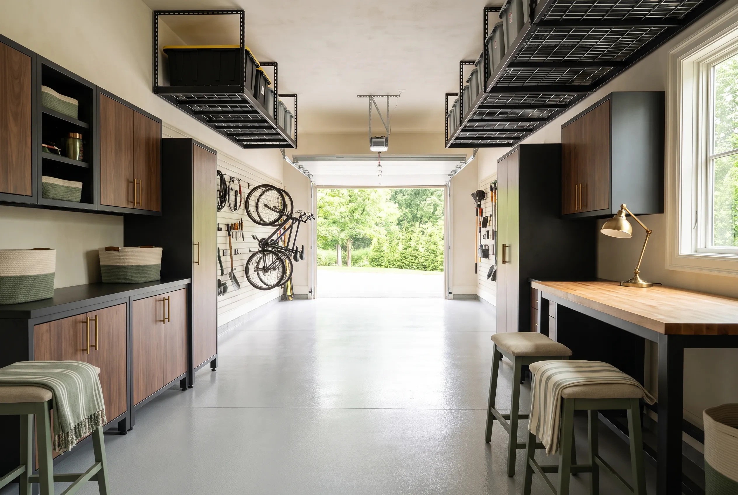 Organized garage with charcoal cabinets, slatwall storage and an epoxy floor
