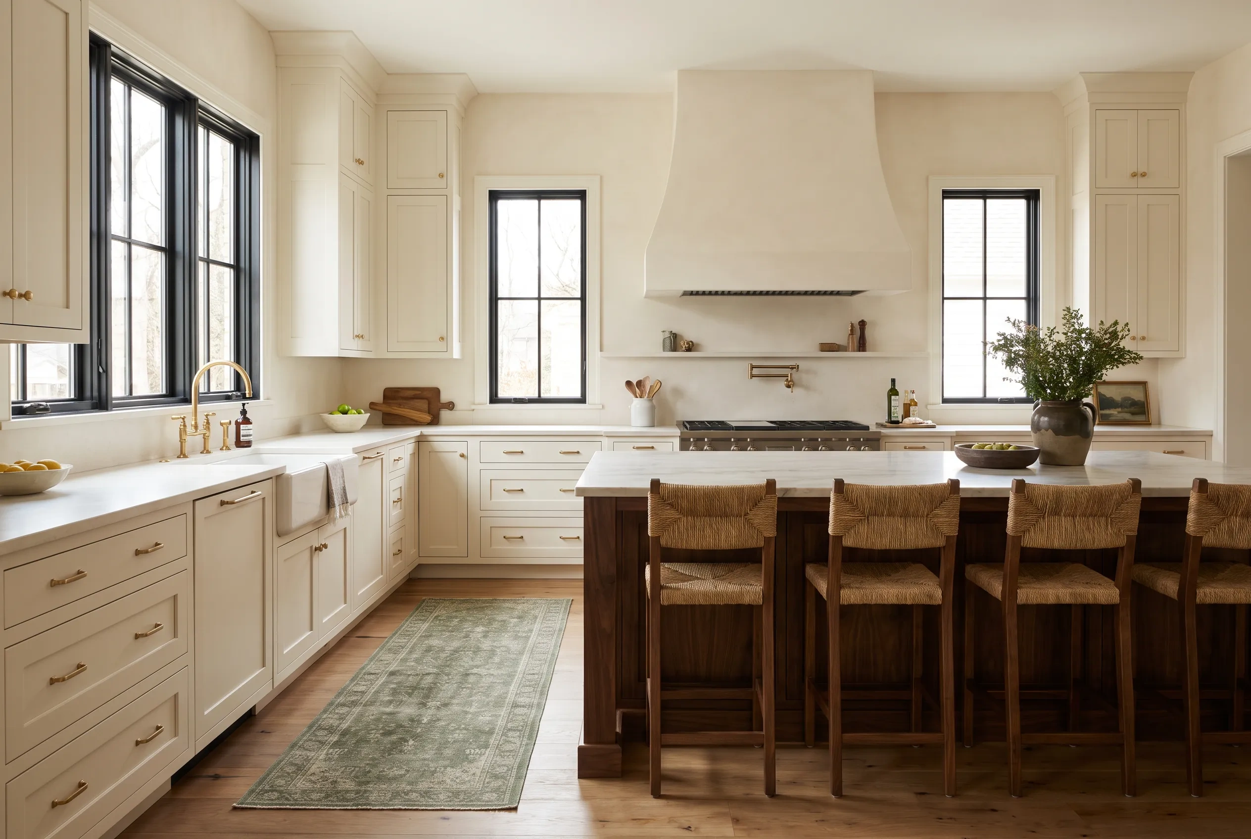 Remodeled kitchen with cream shaker cabinets, a walnut island and a plaster range hood