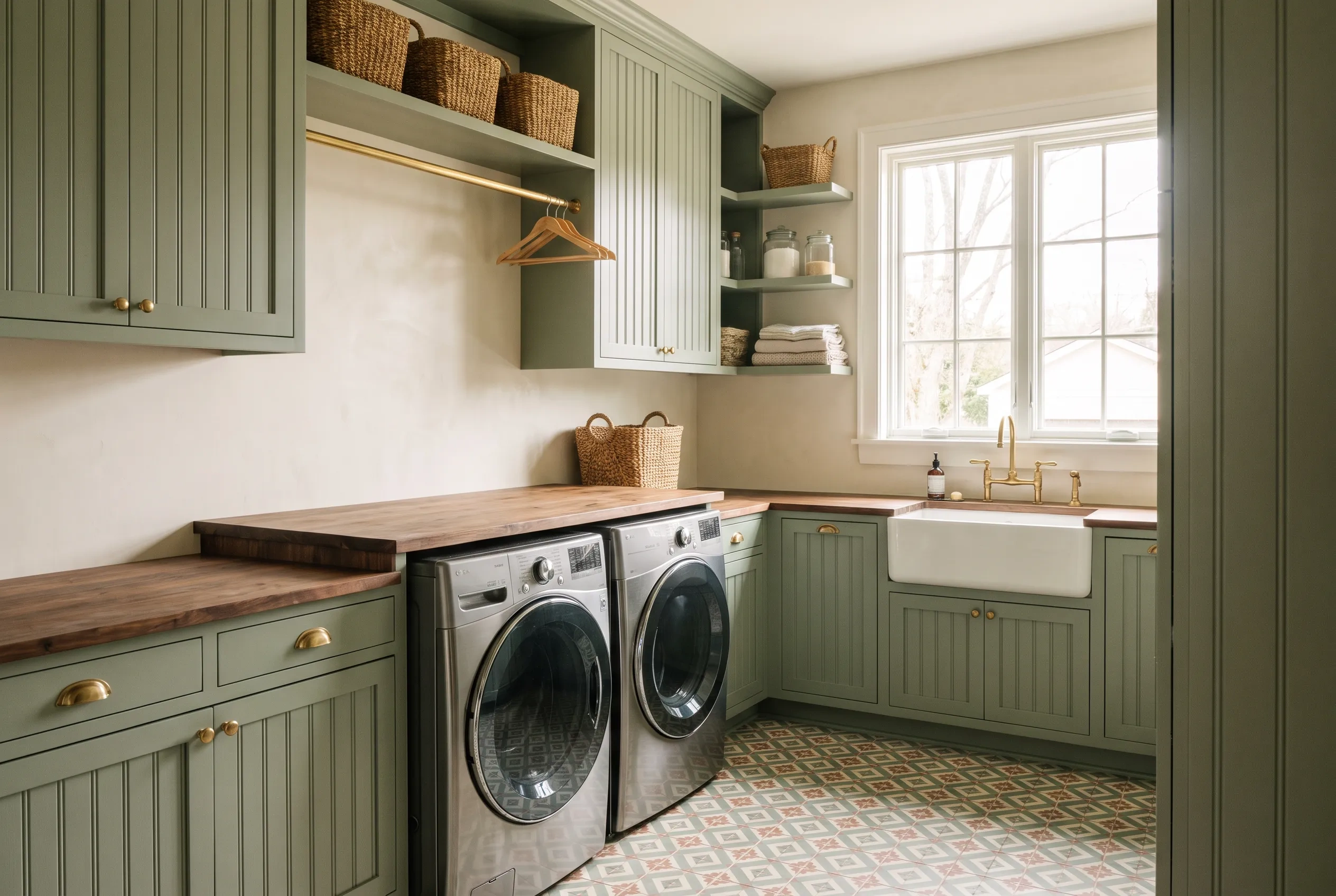 Laundry room with sage cabinets, a walnut folding counter and patterned tile