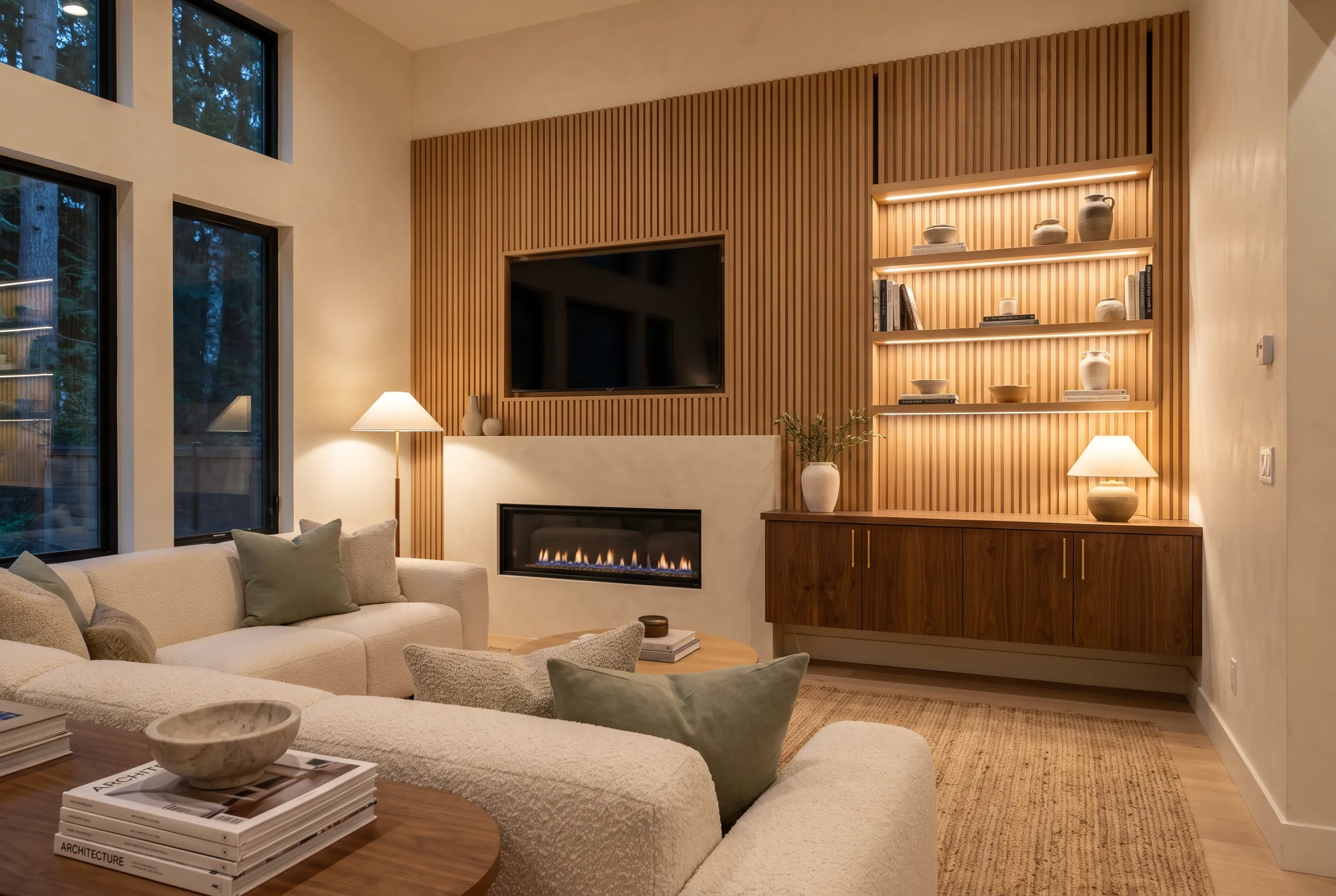Living room media wall with white oak slat paneling, a linear fireplace and a recessed television